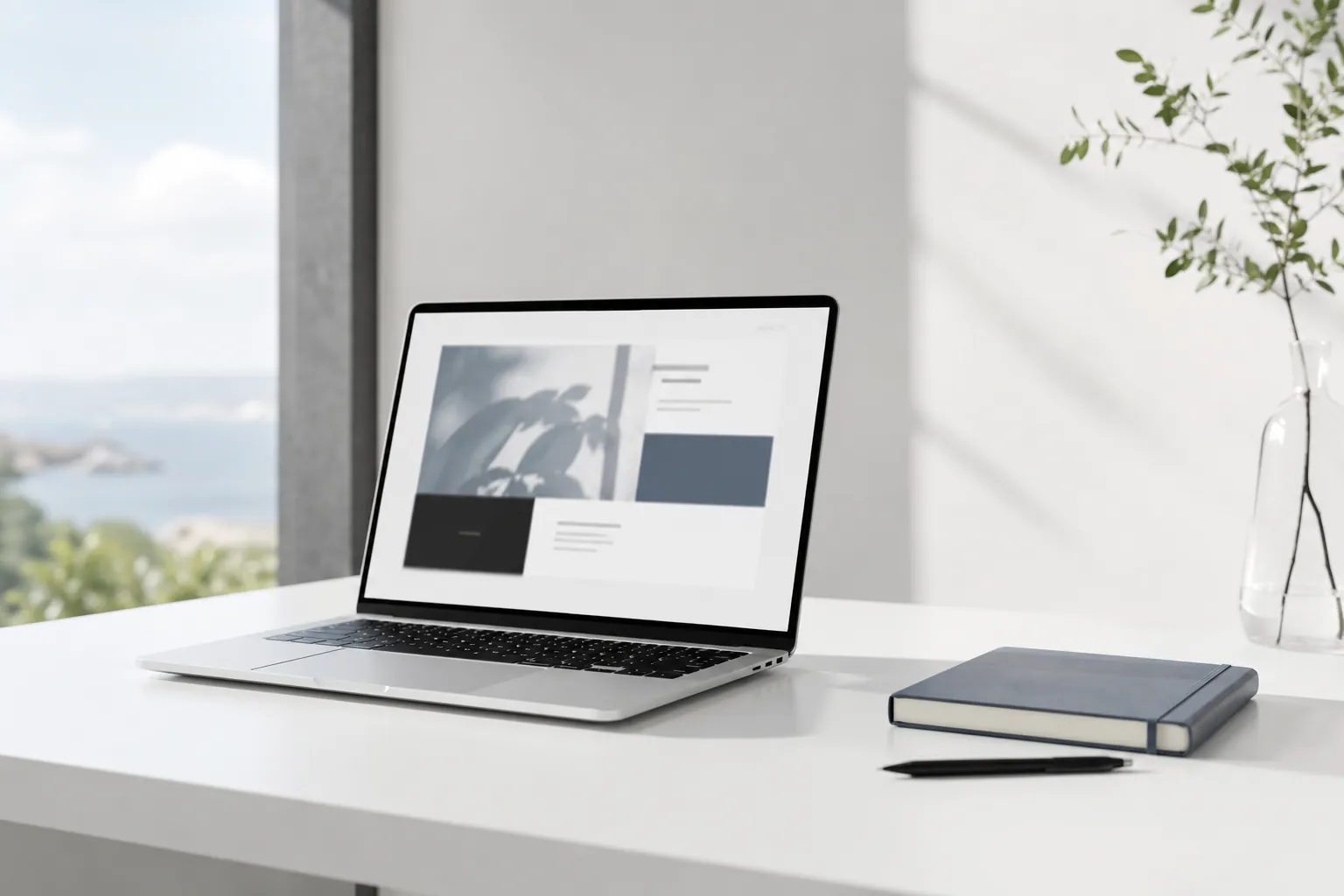MacBook mit einem reduzierten Website-Layout auf einem hellen Schreibtisch